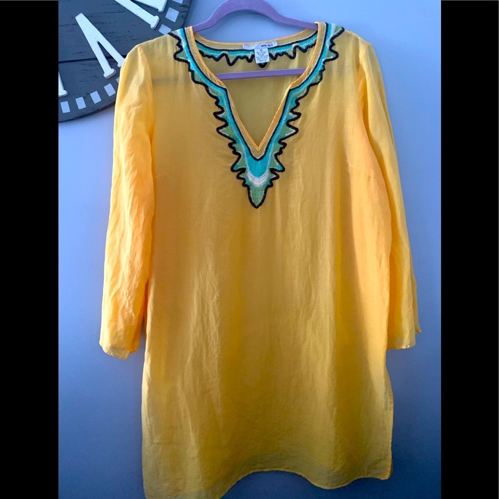 WD.NY yellow embroidered cotton silk tunic top size 10